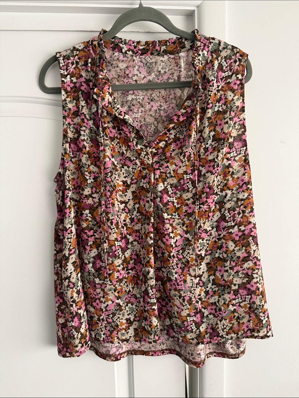 LOFT Pink Multi Floral Tie-Neck Sleeveless Top